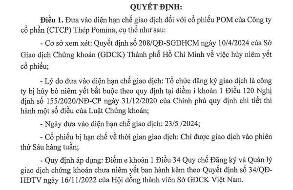 Khi nào cổ phiếu POM của Thép Pomina thoát án hạn chế giao dịch?