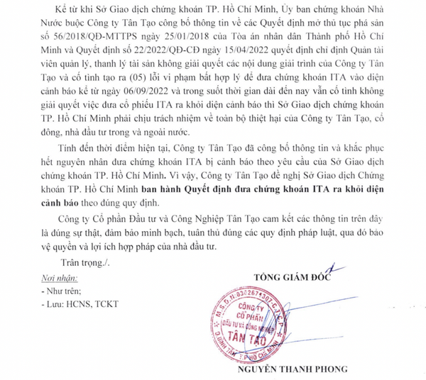 Tố HOSE “cố tình tạo ra lỗi bất hợp lý”, Tân Tạo đề nghị đưa cổ phiếu ITA ra khỏi diện cảnh báo