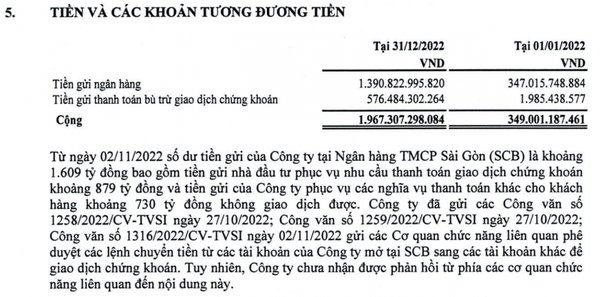 Tình trạng tiền gửi tính đến ngày 31/12/2022 (Nguồn: BCTC kiểm toán TVSI).