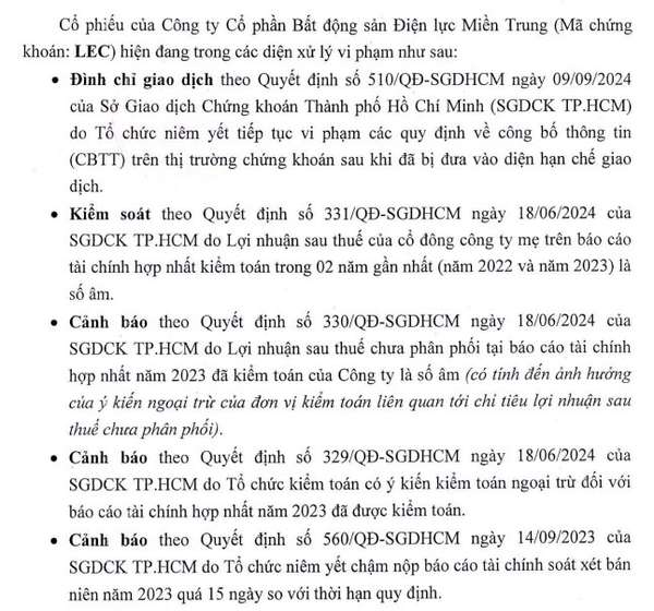 Bất động sản Điện lực Miền Trung (LEC) có nguy cơ bị hủy niêm yết trên HOSE