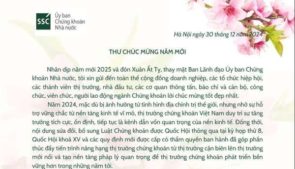 Thư chúc mừng năm mới 2025 của Chủ tịch Ủy ban Chứng khoán Nhà nước