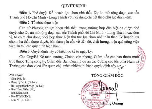 Quyết định phê duyệt KHLCNT dự án mở rộng cao tốc TPHCM - Long Thành được VEC ban hành cuối tháng 7/2025