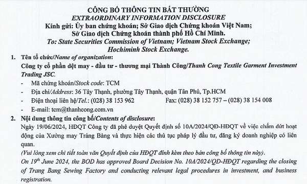 Dệt may Thành Công chấm dứt hoạt động Xưởng may Trảng Bàng (Nguồn: HoSE)