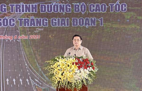Thủ tướng Phạm Minh Chính phát biểu tại Lễ khởi công Dự án đầu tư xây dựng công trình đường bộ cao tốc Châu Đốc-Cần Thơ-Sóc Trăng giai đoạn 1.