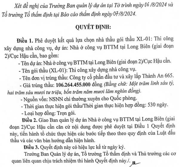 Gói thầu 106 tỷ của Cục Hậu cần: Thành An 665 thắng thầu không có đối thủ