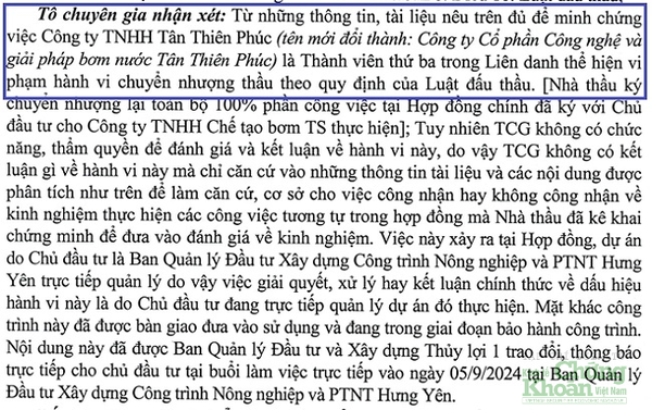 Tổ chuyên gia khẳng định Tân Thiên Phúc đã có hành vi chuyển nhượng toàn bộ khối lượng công việc cho đơn vị khác