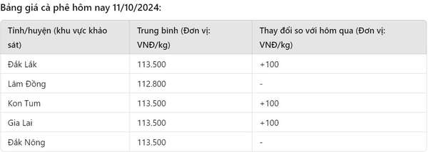 Giá cà phê hôm nay 11/10: Tăng nhẹ 100 đồng/kg tại Đắk Lắk và Gia Lai