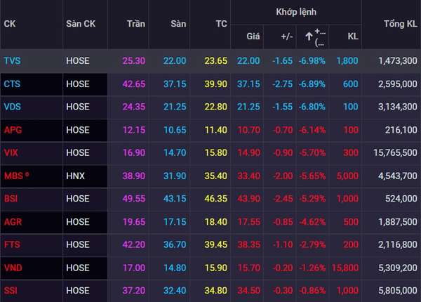 TVS, CTS, VDS... rủ nhau nằm sàn, chuyện gì đang diễn ra với cổ phiếu chứng khoán?
