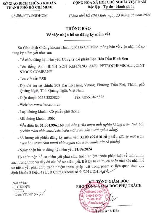 HOSE đã nhận hồ sơ niêm yết cổ phiếu của chủ quản nhà máy lọc dầu Dung Quất. Ảnh: BSR.