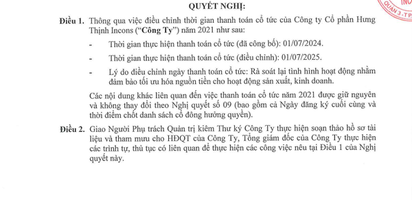 Sau 3 lần delay, Hưng Thịnh Incons (HTN) lại lùi lịch trả cổ tức năm 2021 tới 1/7/2025