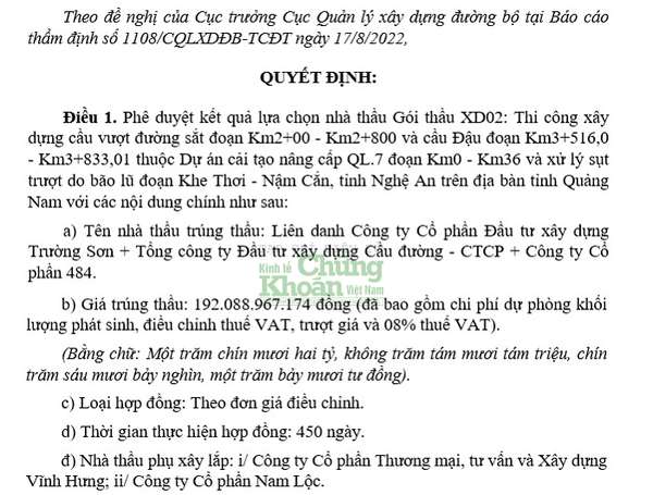 Gói thầu XD02 do Liên danh Trường Sơn - Tổng công ty Đầu tư xây dựng cầu đường - 484 đảm nhận có thời gian thực hiện nêu trong Quyết định phê duyệt kết quả là 450 ngày