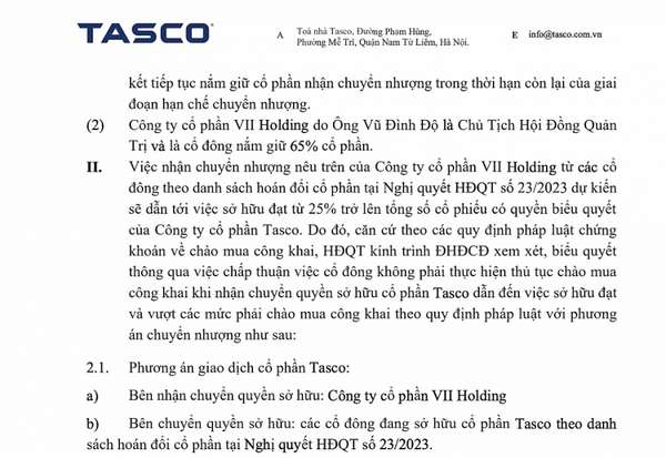 VII Holding đăng ký nhận chuyển nhượng để sở hữu trên 25% cổ phần của Tasco (HUT)