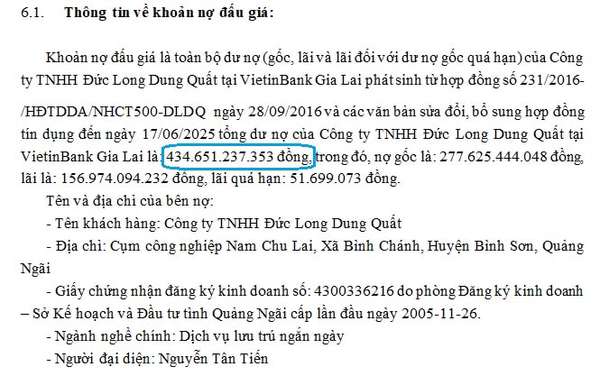 Trích thông báo của tổ chức đấu giá liên quan khoản nợ của Công ty TNHH Đức Long Dung Quất tại Vietinbank