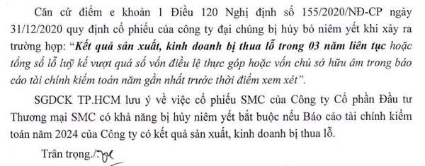 Đầu tư Thương mại SMC đối diện nguy cơ hủy niêm yết