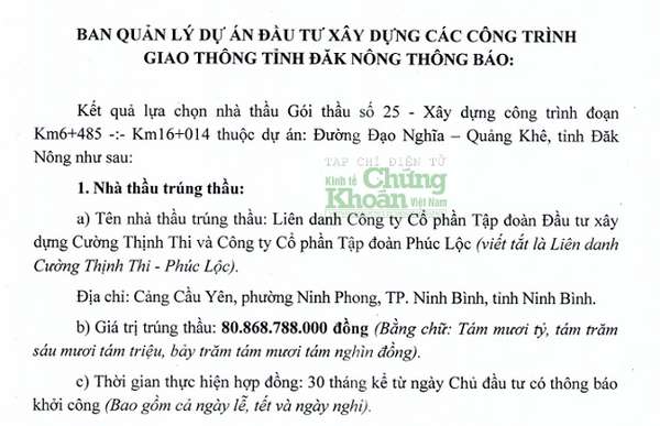 Bộ đôi nhà thầu đến từ Ninh Bình: Cường Thịnh Thi - Phúc Lộc trúng liên tiếp 2 gói thầu cùng 1 dự án do Ban QLDA Đầu tư xây dựng CTGT Đắk Nông mời thầu