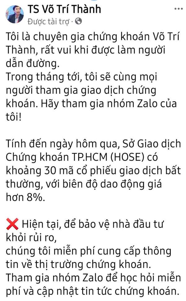 Mạo danh TS. Võ Trí Thành để lừa đảo chứng khoán: Chiêu trò cũ nhưng vẫn đầy bẫy rủi ro