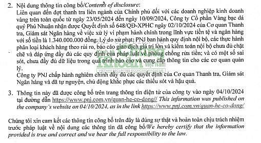 PNJ đã nhận Quyết định xử phạt số 648/QĐ-XPHC từ Cơ quan Thanh tra, Giám sát Ngân hàng, với số tiền phạt là 1,34 tỷ đồng