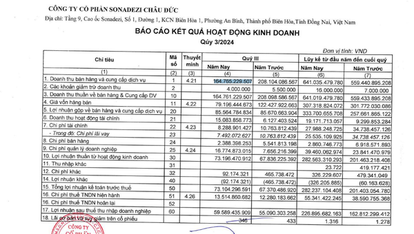 Kết quả kinh doanh ấn tượng, Sonadezi Châu Đức hoàn thành 99% lợi nhuận kế hoạch năm 2024