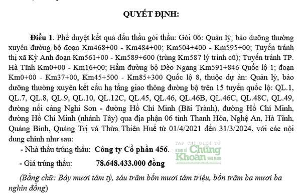 Công ty CP 456 liên tục hái 'quả ngọt' khi tham gia đấu thầu tại Khu quản lý đường bộ II cũng như các đơn vị khác thuộc Bộ GTVT