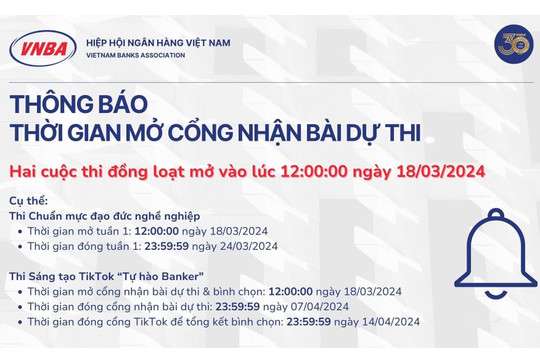 Thời gian mở cổng nhận bài dự thi 2 cuộc thi trong chuỗi hoạt động kỷ niệm 30 năm thành lập Hiệp hội Ngân hàng Việt Nam