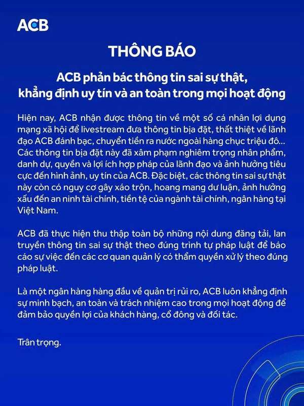 Chủ tịch ACB lên tiếng sau đồn: 