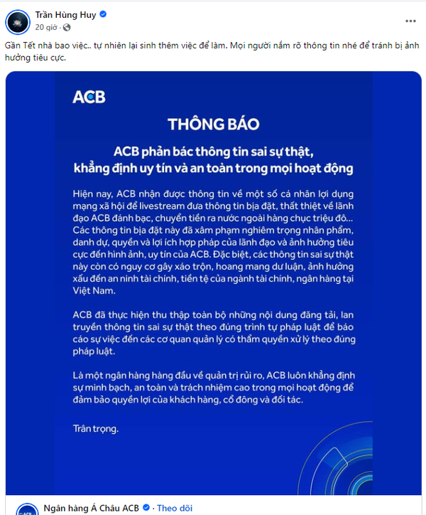 Chủ tịch HĐQT Trần Hùng Huy cũng thông tin trên facebook về việc này