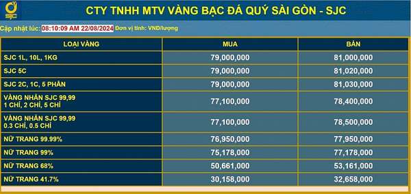 Cập nhật giá vàng ngày 22/8/2024: Vàng nhẫn biến động trái chiều