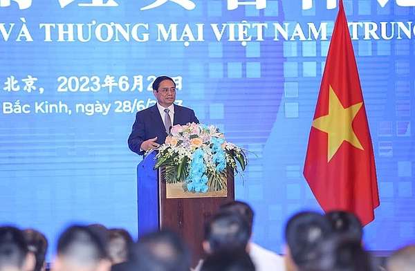 Thủ tướng Chính phủ Phạm Minh Chính phát biểu tại Diễn đàn Hợp tác đầu tư và thương mại Việt Nam - Trung Quốc - Ảnh: VGP/Nhật Bắc