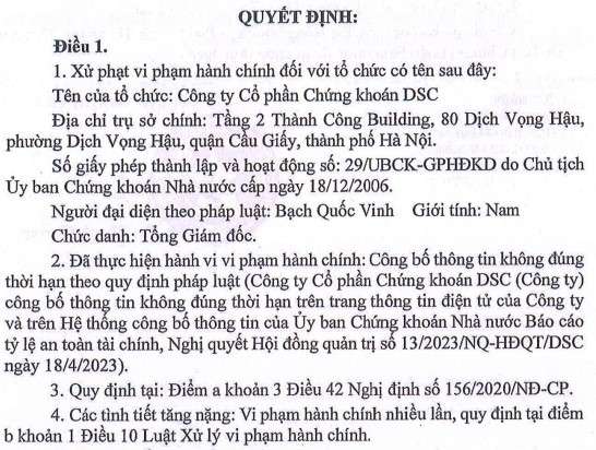 Vi phạm công bố thông tin, Chứng khoán DSC bị UBCKNN xử phạt