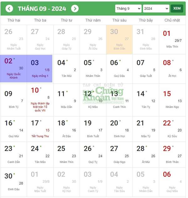 Thứ Hai, ngày 2/9 và tiếp tục vào Thứ Ba, ngày 3/9/2024