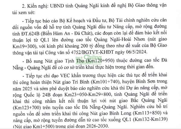 Quảng Ngãi kiến nghị lđầu tư nâng cấp các tuyến đường kết nối với cao tốc