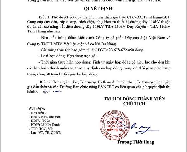 Quyết định do ông Trương Thiết Hùng vừa ký. Trước đó vào ngày 6/2/2024, ông Hùng liên tiếp ký 2 quyết định phế duyệt KQLCNT 2 gói khác cho CADIVI