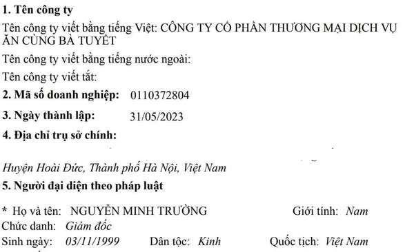 Công ty CP Ăn cùng bà Tuyết thông báo giải thể