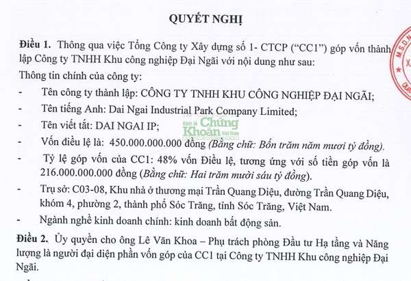 CC1 sẽ năm 48% cổ phần Công ty TNHH Khu công nghiệp Đại Ngãi