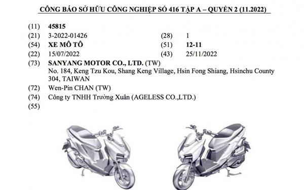 SYM đã đăng ký bản quyền kiểu dáng công nghiệp xe tay ga hoàn toàn mới tại Việt Nam 