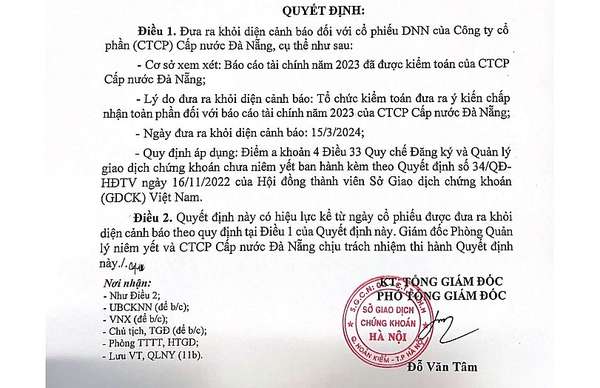 Cổ phiếu DNN của Cấp nước Đà Nẵng vừa được đưa ra khỏi diện cảnh báo