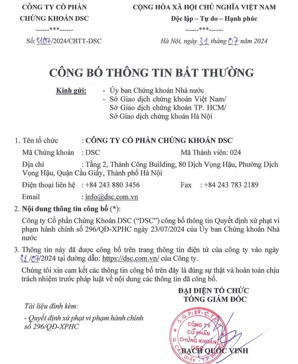 Vi phạm công bố thông tin, Chứng khoán DSC bị UBCKNN xử phạt