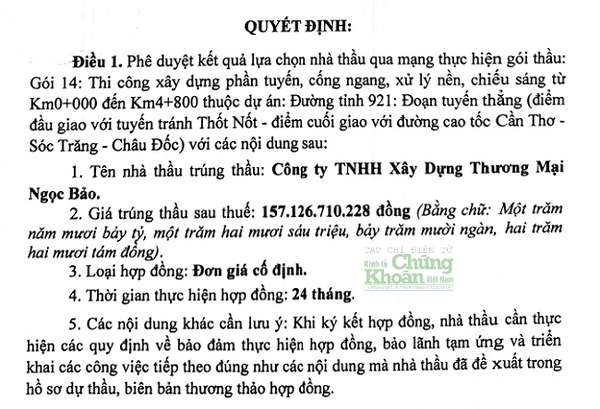 Hàng loạt gói thầu lớn tại Ban QLDA Đầu tư xây dựng TP Cần Thơ về tay Thương mại Ngọc Bảo trong thời gian qua