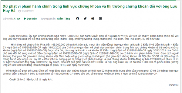 Bán chui 2,2 triệu cổ phiếu HHG, Chủ tịch Lưu Huy Hà bị xử phạt