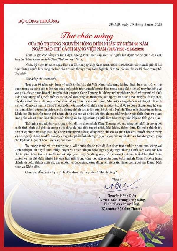 Bộ trưởng Bộ Công Thương gửi thư chúc mừng nhân kỷ niệm 98 năm ngày Báo chí Cách mạng Việt Nam