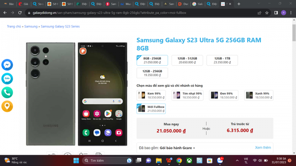 So sánh giá, giá tốt hôm nay 31/7/2023: Điện thoại Samsung Galaxy S23 Ultra 8GB/256GB ở đâu giá tốt?