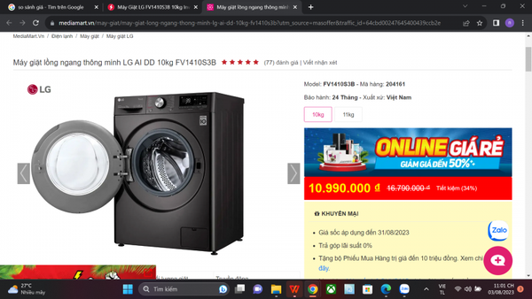 So sánh giá, giá tốt hôm nay 4/8/2023: Máy giặt LG Inverter 10 Kg FV1410S3B ở đâu giá tốt?