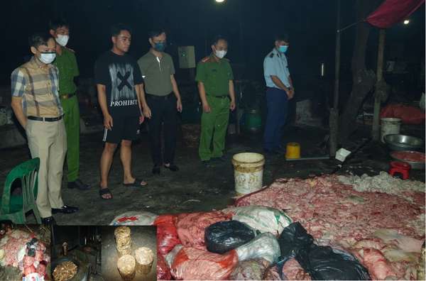 Lực lượng chức năng tỉnh Hà Nam tiến hành kiểm tra số hàng hóa là thực phẩm bẩn, trôi nổi. Ảnh: CAHN