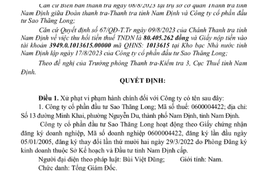 Quyết định xử phạt vi phạm hành chính của Cục thuế tỉnh Nam Định đối với Công ty Cổ phần Đầu tư Sao Thăng Long