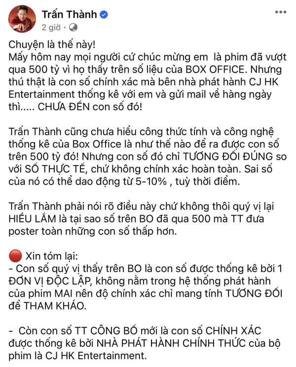 Trấn Thành nói thống kê phim “Mai” trên Box Office là chưa chính xác