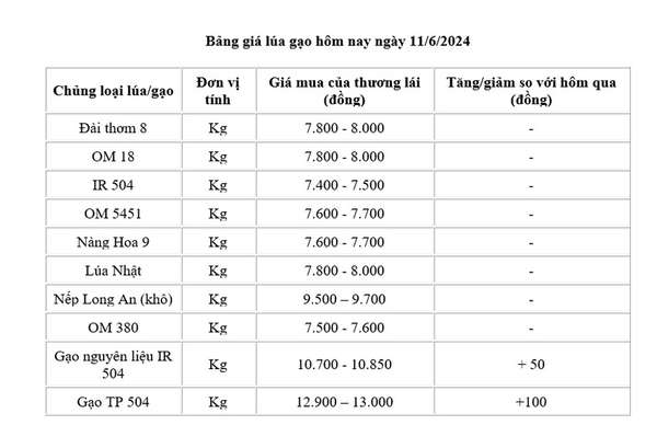 Giá lúa gạo hôm nay ngày 11/6/2024: Giá gạo tăng nhẹ