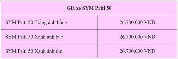 Giá xe máy SYM Priti 50 12/6/2024: Xe tay ga 50cc hoàn hảo giành cho học sinh