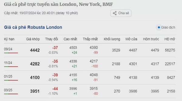 Dự báo giá cà phê ngày 20/7/2024: Không ngừng lao dốc?