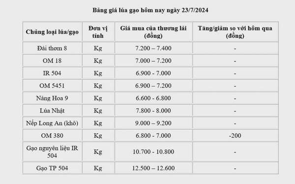 Giá lúa gạo hôm nay ngày 23/7: Giá lúa giảm 200 đồng/kg; giá gạo xuất khẩu giảm mạnh