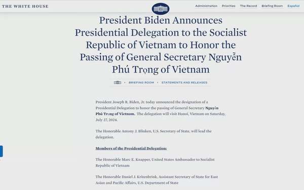 Tổng thống Joe Biden cử Phái đoàn đến chia buồn trước sự ra đi của Tổng Bí thư Nguyễn Phú Trọng